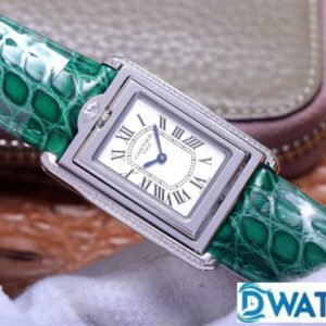 ĐỒNG HỒ NỮ CARTIER TANK BASCULANTE FAKE 1:1 NHÀ MÁY AW DÂY DA XANH 31MM