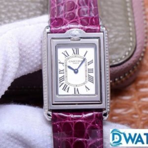 ĐỒNG HỒ NỮ CARTIER TANK BASCULANTE FAKE 1:1 NHÀ MÁY AW DÂY DA TÍM 31MM