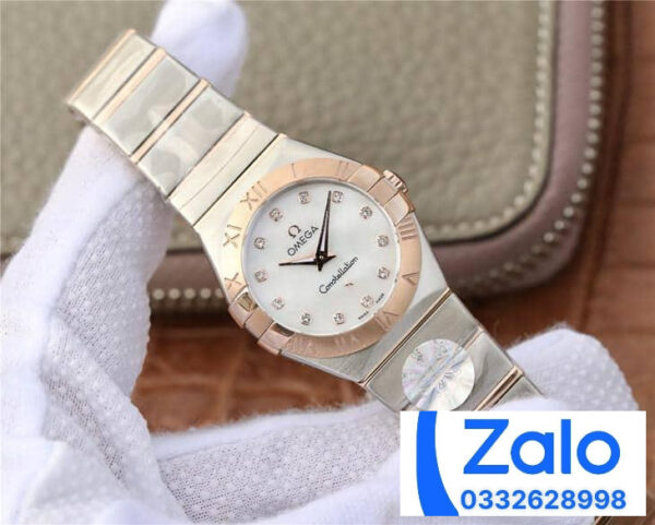 ĐỒNG HỒ NỮ OMEGA CONSTELLATION FAKE NHÀ MÁY 3S VÀNG HỒNG ĐÍNH ĐÁ 27MM