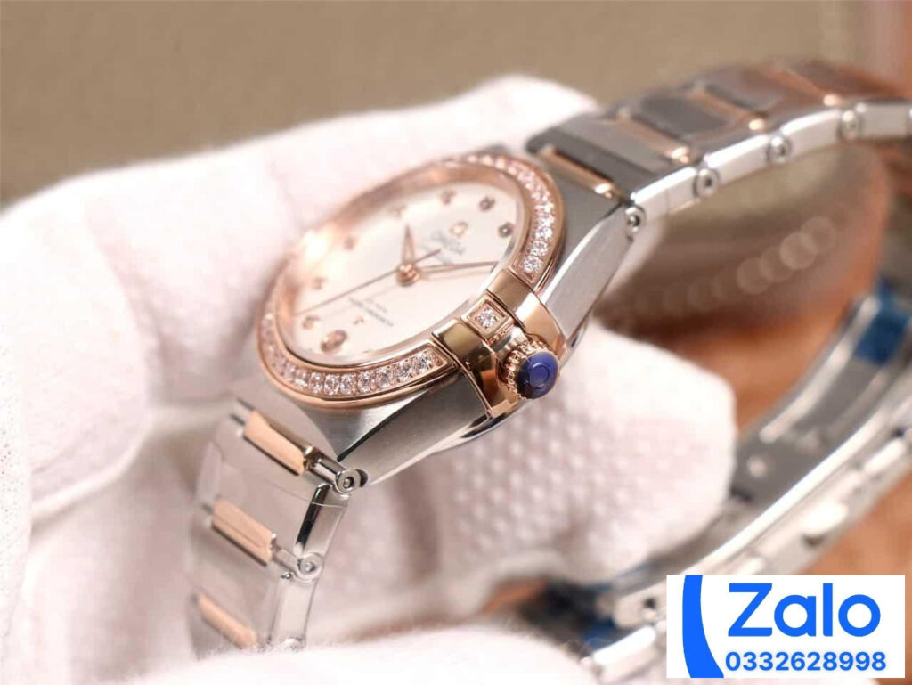 ĐỒNG HỒ NỮ OMEGA CONSTELLATION FAKE 11 NHÀ MÁY 3S ĐÍNH ĐÁ ROSE GOLD 29MM