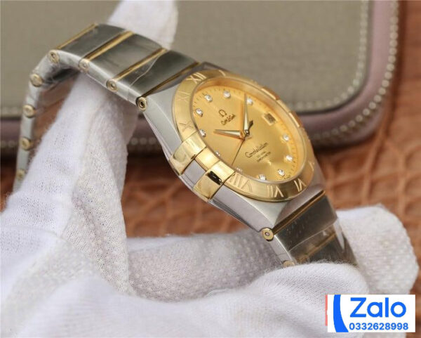 ĐỒNG HỒ NAM OMEGA CONSTELLATION FAKE NHÀ MÁY 3S MẶT VÀNG ĐÍNH ĐÁ 38MM