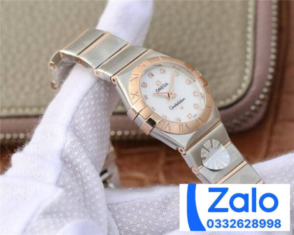 ĐỒNG HỒ NỮ OMEGA CONSTELLATION FAKE NHÀ MÁY 3S VÀNG HỒNG ĐÍNH ĐÁ 27MM