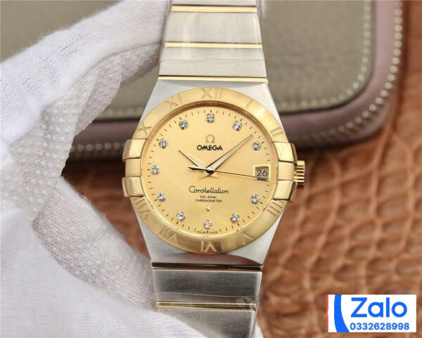 ĐỒNG HỒ NAM OMEGA CONSTELLATION FAKE NHÀ MÁY 3S MẶT VÀNG ĐÍNH ĐÁ 38MM