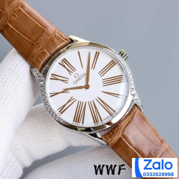 ĐỒNG HỒ NỮ OMEGA DE VILLE FAKE 11 NHÀ MÁY WWF FACTORY DÂY DA NÂU 36MM