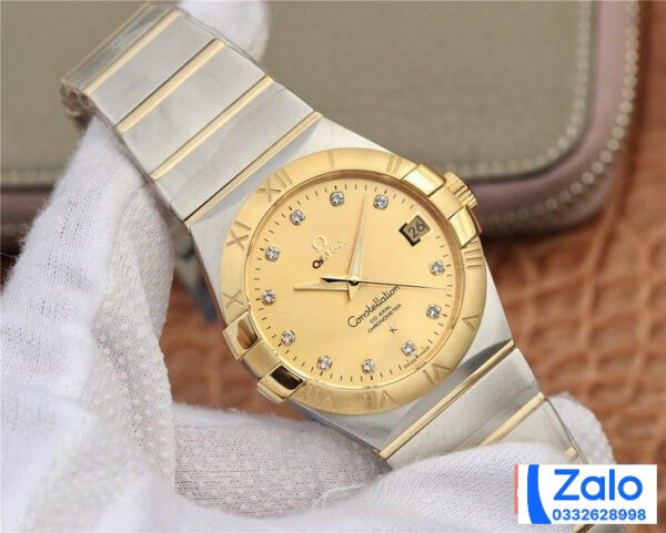 ĐỒNG HỒ NAM OMEGA CONSTELLATION FAKE NHÀ MÁY 3S MẶT VÀNG ĐÍNH ĐÁ 38MM