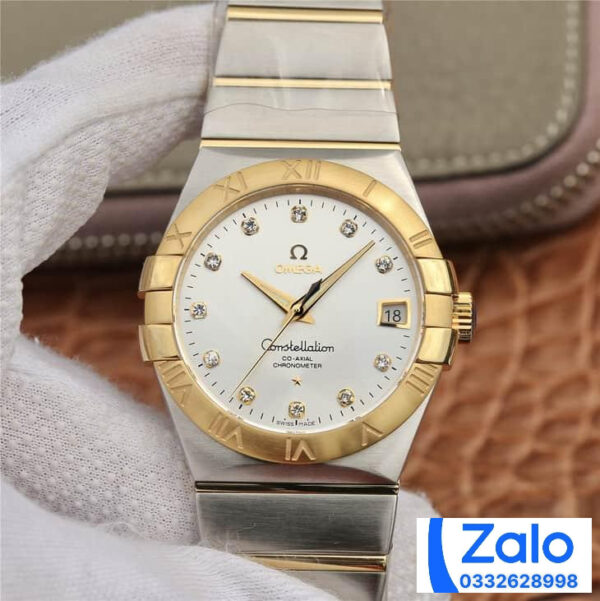 ĐỒNG HỒ NAM OMEGA CONSTELLATION FAKE 11 NHÀ MÁY 3S MẶT TRẮNG ĐÍNH ĐÁ 38MM