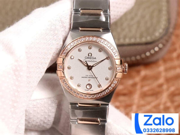 ĐỒNG HỒ NỮ OMEGA CONSTELLATION FAKE 11 NHÀ MÁY 3S ĐÍNH ĐÁ ROSE GOLD 29MM