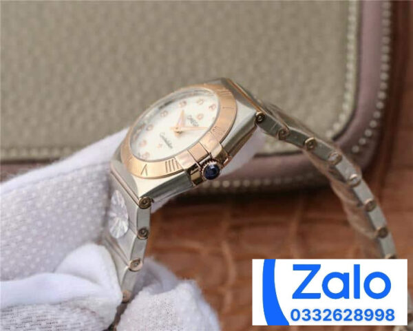 ĐỒNG HỒ NỮ OMEGA CONSTELLATION FAKE NHÀ MÁY 3S VÀNG HỒNG ĐÍNH ĐÁ 27MM