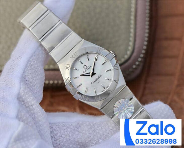 ĐỒNG HỒ NỮ OMEGA CONSTELLATION FAKE CAO CẤP NHÀ MÁY 3S VIỀN KHẮC KÍ TỰ 27MM