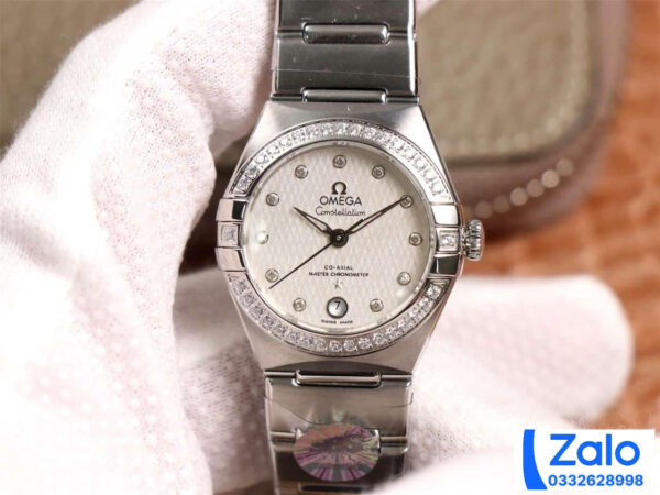 ĐỒNG HỒ NỮ OMEGA CONSTELLATION FAKE CAO CẤP NHÀ MÁY 3S VIỀN ĐÍNH ĐÁ 29MM