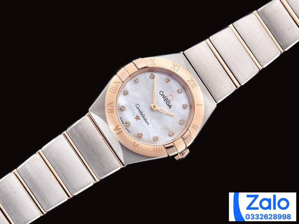 ĐỒNG HỒ NỮ OMEGA CONSTELLATION SUPER FAKE NHÀ MÁY GF CỌC SỐ ĐÍNH ĐÁ 25MM