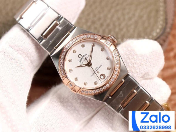 ĐỒNG HỒ NỮ OMEGA CONSTELLATION FAKE 11 NHÀ MÁY 3S ĐÍNH ĐÁ ROSE GOLD 29MM