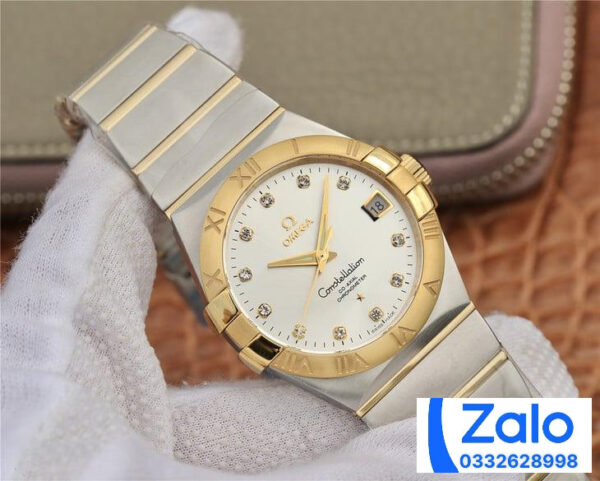 ĐỒNG HỒ NAM OMEGA CONSTELLATION FAKE 11 NHÀ MÁY 3S MẶT TRẮNG ĐÍNH ĐÁ 38MM