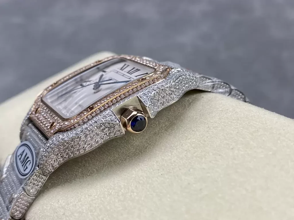 ĐỒNG HỒ CARTIER SANTOS DEMI ROSE GOLD REP 11 ĐÍNH FULL ĐÁ AMG FACTORY 40MM (2)