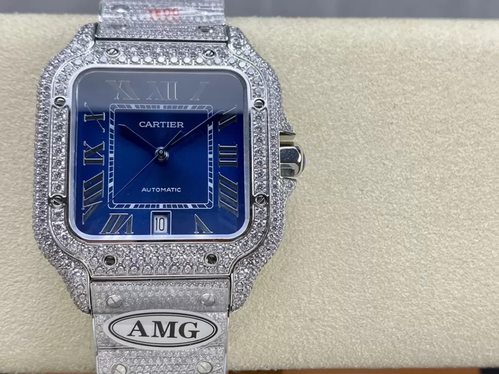 ĐỒNG HỒ CARTIER SANTOS REPLICA 11 ĐÍNH FULL ĐÁ MẶT XANH AMG FACTORY 40MM (2)