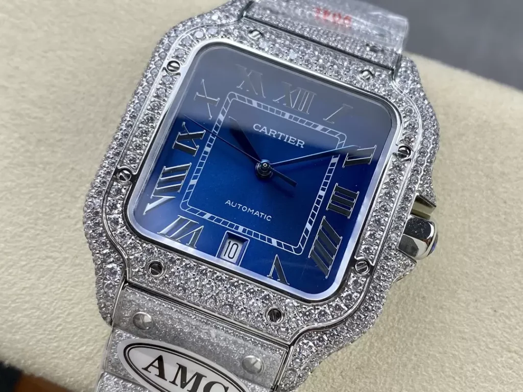 ĐỒNG HỒ CARTIER SANTOS REPLICA 11 ĐÍNH FULL ĐÁ MẶT XANH AMG FACTORY 40MM (2)