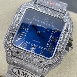 ĐỒNG HỒ CARTIER SANTOS REPLICA 11 ĐÍNH FULL ĐÁ MẶT XANH AMG FACTORY 40MM (2)