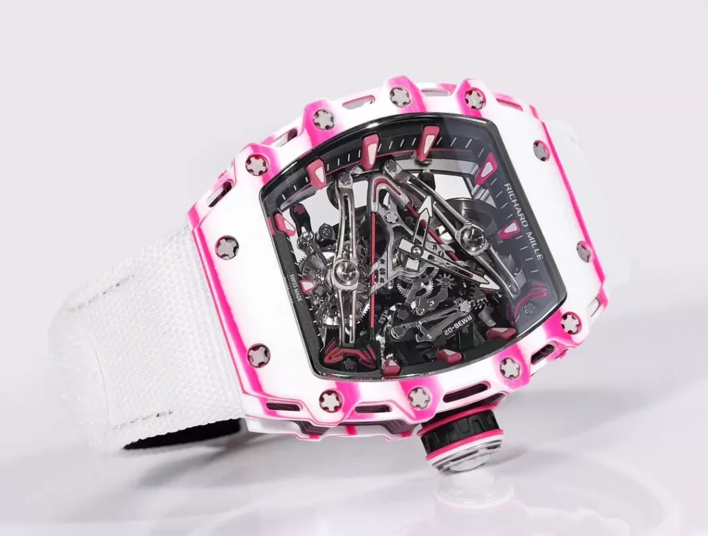 ĐỒNG HỒ RICHARD MILLE RM38-02 TOURBILLON CHẾ TÁC VỎ CARBON DÂY VẢI TRẮNG NHÀ MÁY RM 41X50MM