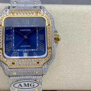 ĐỒNG HỒ CARTIER SANTOS DEMI REPLICA 11 ĐÍNH FULL ĐÁ SWAROVSKI MẶT XANH AMG FACTORY 40MM