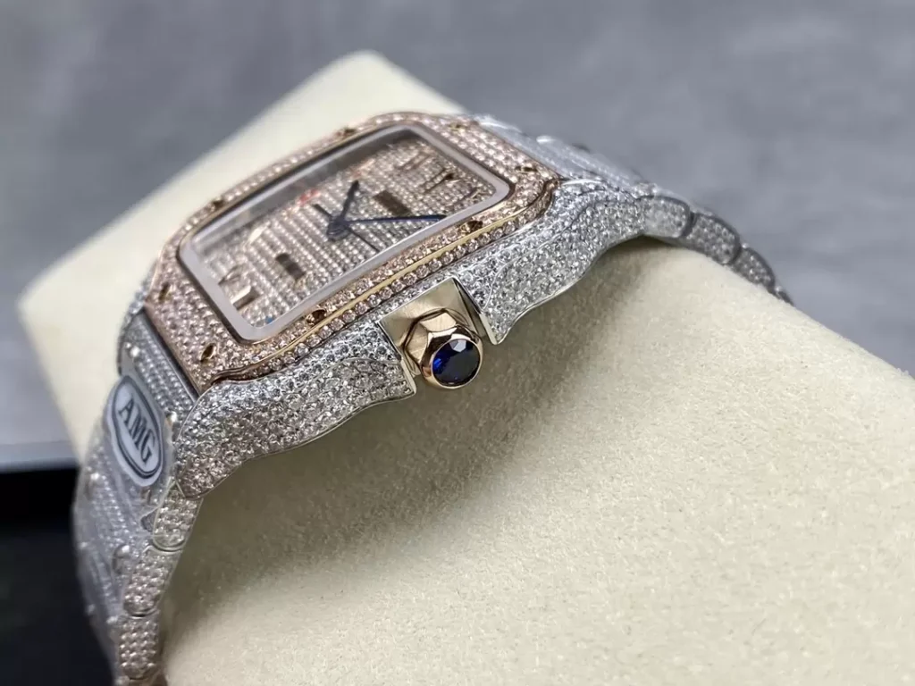 ĐỒNG HỒ CARTIER SANTOS DEMI ROSE GOLD REPLICA 11 ĐÍNH FULL ĐÁ SWAROVSKI AMG 40MM