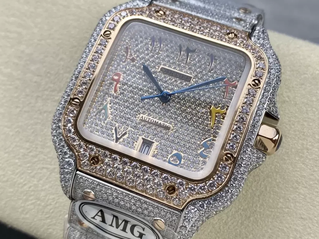 ĐỒNG HỒ CARTIER SANTOS DEMI ROSE GOLD REPLICA 11 ĐÍNH FULL ĐÁ SWAROVSKI AMG 40MM