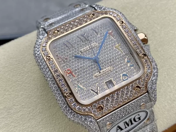 ĐỒNG HỒ CARTIER SANTOS DEMI ROSE GOLD REPLICA 11 ĐÍNH FULL ĐÁ SWAROVSKI AMG 40MM