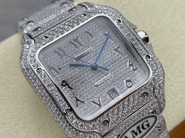 ĐỒNG HỒ CARTIER SANTOS REPLICA 11 CỌC SỐ Ả RẬP MÁY CƠ AUTOMATIC AMG 40MM