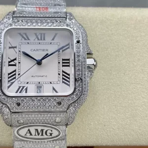 ĐỒNG HỒ CARTIER SANTOS REPLICA 11 ĐÍNH FULL ĐÁ SWAROVSKI MẶT TRẮNG AMG FACTORY 40MM