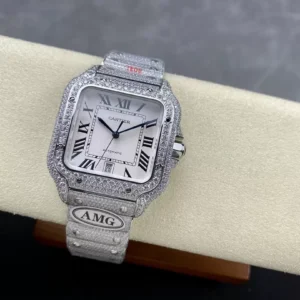 ĐỒNG HỒ CARTIER SANTOS REPLICA 11 ĐÍNH FULL ĐÁ SWAROVSKI MẶT TRẮNG AMG FACTORY 40MM