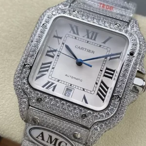 ĐỒNG HỒ CARTIER SANTOS REPLICA 11 ĐÍNH FULL ĐÁ SWAROVSKI MẶT TRẮNG AMG FACTORY 40MM