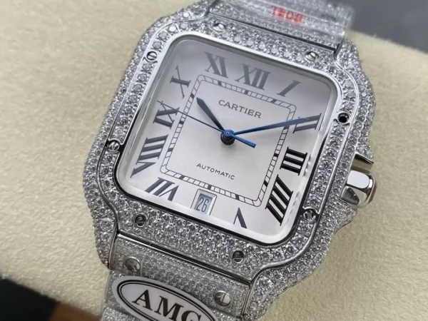 ĐỒNG HỒ CARTIER SANTOS REPLICA 11 ĐÍNH FULL ĐÁ SWAROVSKI MẶT TRẮNG AMG FACTORY 40MM