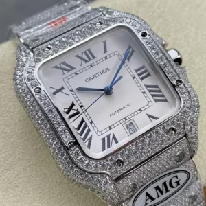 ĐỒNG HỒ CARTIER SANTOS REPLICA 11 ĐÍNH FULL ĐÁ SWAROVSKI MẶT TRẮNG AMG FACTORY 40MM