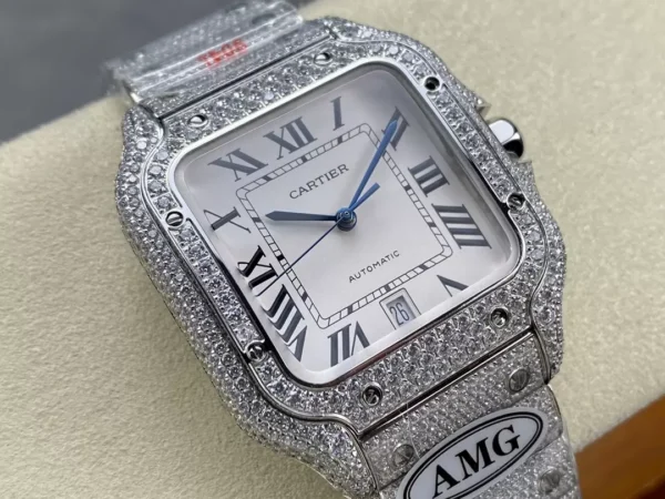 ĐỒNG HỒ CARTIER SANTOS REPLICA 11 ĐÍNH FULL ĐÁ SWAROVSKI MẶT TRẮNG AMG FACTORY 40MM