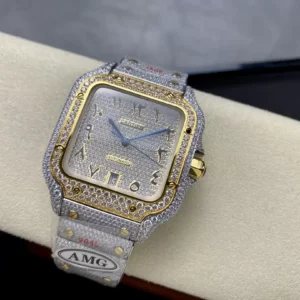 ĐỒNG HỒ CARTIER SANTOS REPLICA 11 YELLOW GOLD ĐÍNH FULL ĐÁ AMG 40MM