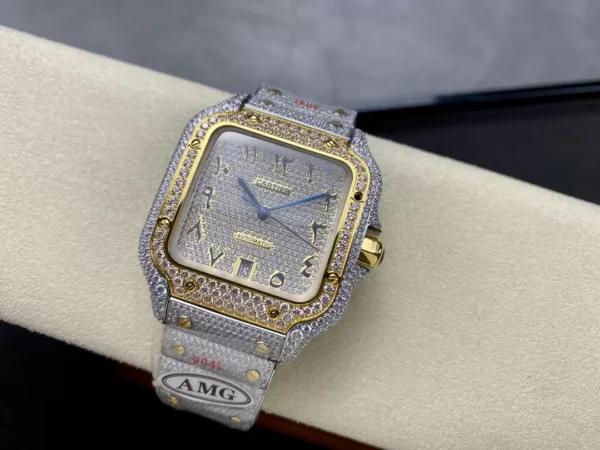 ĐỒNG HỒ CARTIER SANTOS REPLICA 11 YELLOW GOLD ĐÍNH FULL ĐÁ AMG 40MM