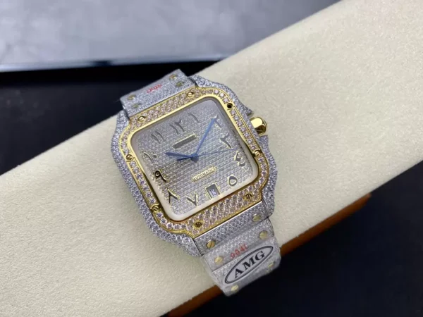 ĐỒNG HỒ CARTIER SANTOS REPLICA 11 YELLOW GOLD ĐÍNH FULL ĐÁ AMG 40MM