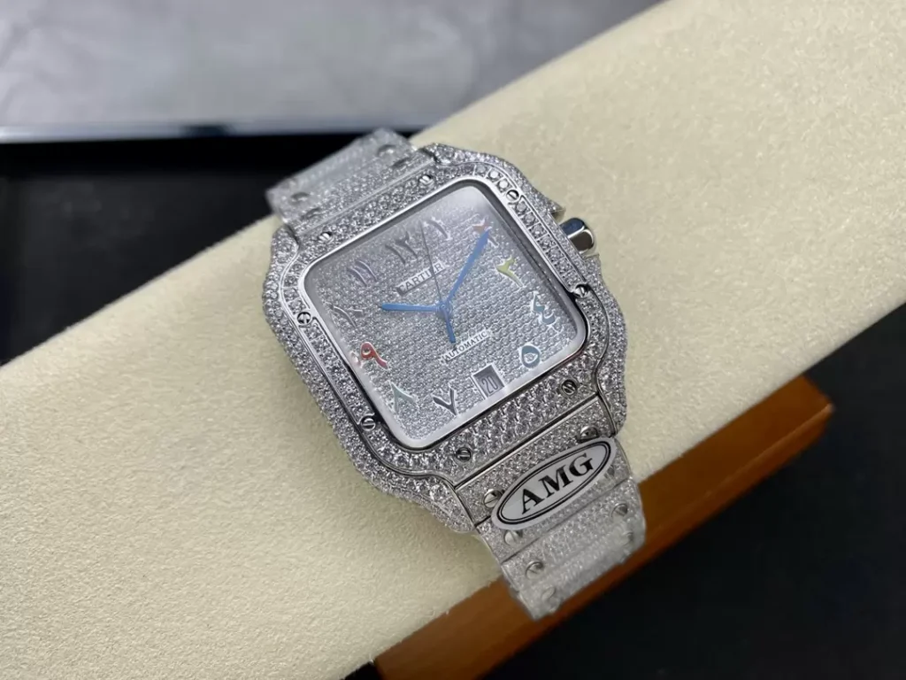 ĐỒNG HỒ NAM CARTIER SANTOS REP 11 ĐÍNH FULL ĐÁ MÁY AUTOMATIC AMG 40MM