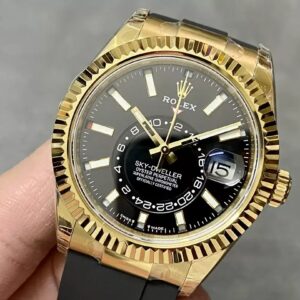 ĐỒNG HỒ ROLEX SKY DWELLER 336238 REP 11 MẶT ĐEN MẠ VÀNG DÂY CAO SU CAO CẤP 42MM