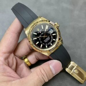 ĐỒNG HỒ ROLEX SKY DWELLER 336238 REP 11 MẶT ĐEN MẠ VÀNG DÂY CAO SU CAO CẤP 42MM