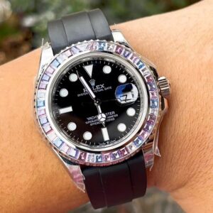 ĐỒNG HỒ ROLEX YACHT-MASTER REPLICA 11 NIỀNG FULL ĐÁ BAGUETTE DÂY CAO SU CAO CẤP 41MM