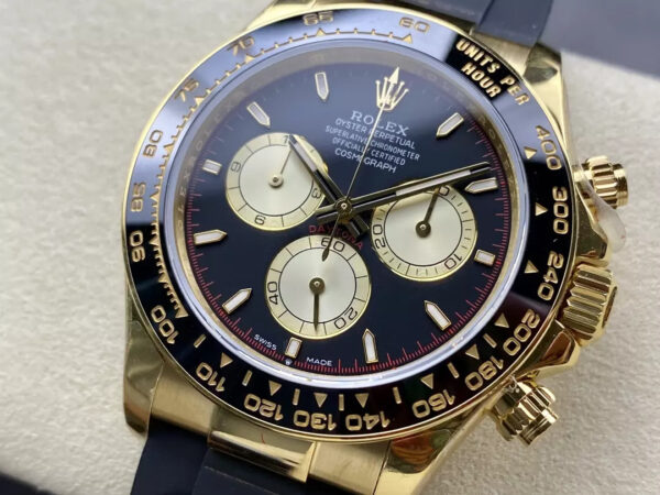 ĐỒNG HỒ ROLEX DAYTONA REPLICA V6 MÀU GOLD MẶT ĐEN 140G QF 40MM (1)