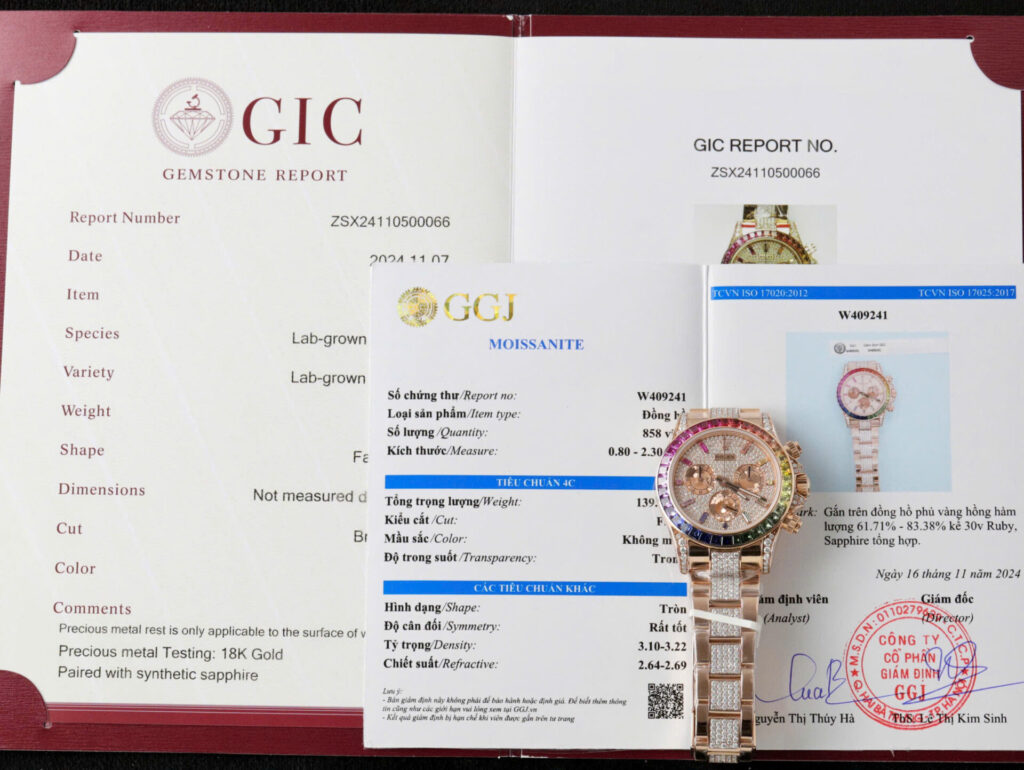 ĐỒNG HỒ ROLEX DAYTONA CHẾ TÁC RAINBOW 116595 BỌC VÀNG MOISSANITE RUBY 40MM 