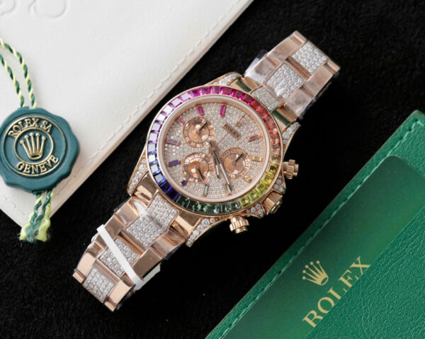 ĐỒNG HỒ ROLEX DAYTONA CHẾ TÁC RAINBOW 116595 BỌC VÀNG MOISSANITE RUBY 40MM