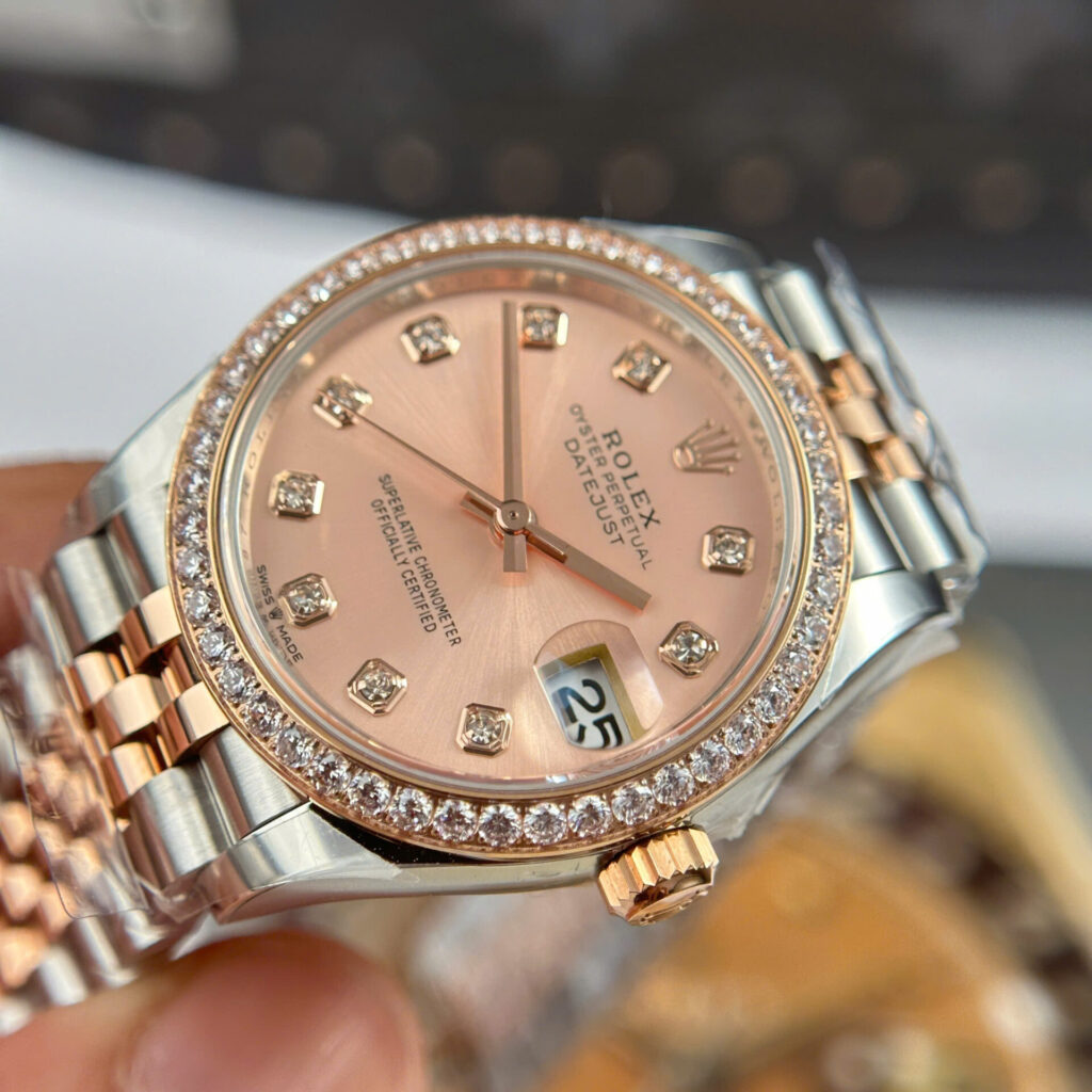 ĐỒNG HỒ ROLEX DATEJUST NỮ REPLICA MẶT HỒNG VIỀN ĐÍNH ĐÁ NHÀ MÁY THB 31MM (1)
