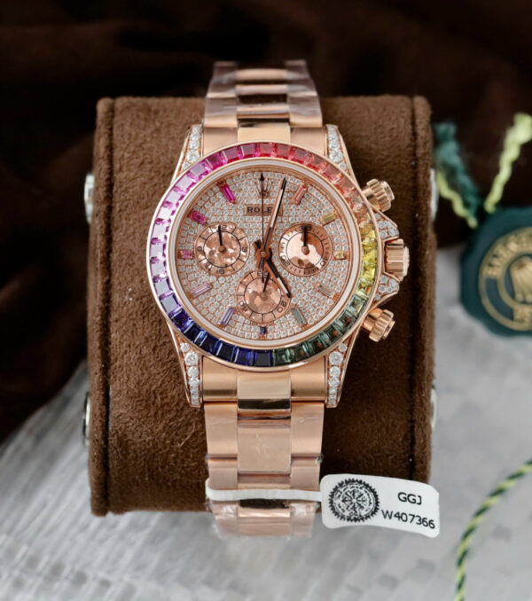 ĐỒNG HỒ ROLEX DAYTONA RAINBOW 116595 CHẾ TÁC BỌC VÀNG ĐÍNH MOISSANITE RUBY 40MM (4)