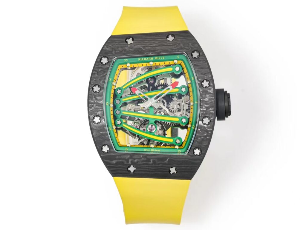 DONG HO RICHARD MILLE RM59 01 REPLICA VO CARBON DEN MAT XANH LA DAY CAO SU VANG TOURBILLON 43x50xMM 1