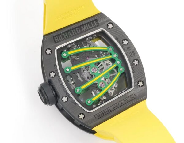 DONG HO RICHARD MILLE RM59 01 REPLICA VO CARBON DEN MAT XANH LA DAY CAO SU VANG TOURBILLON 43x50xMM 3