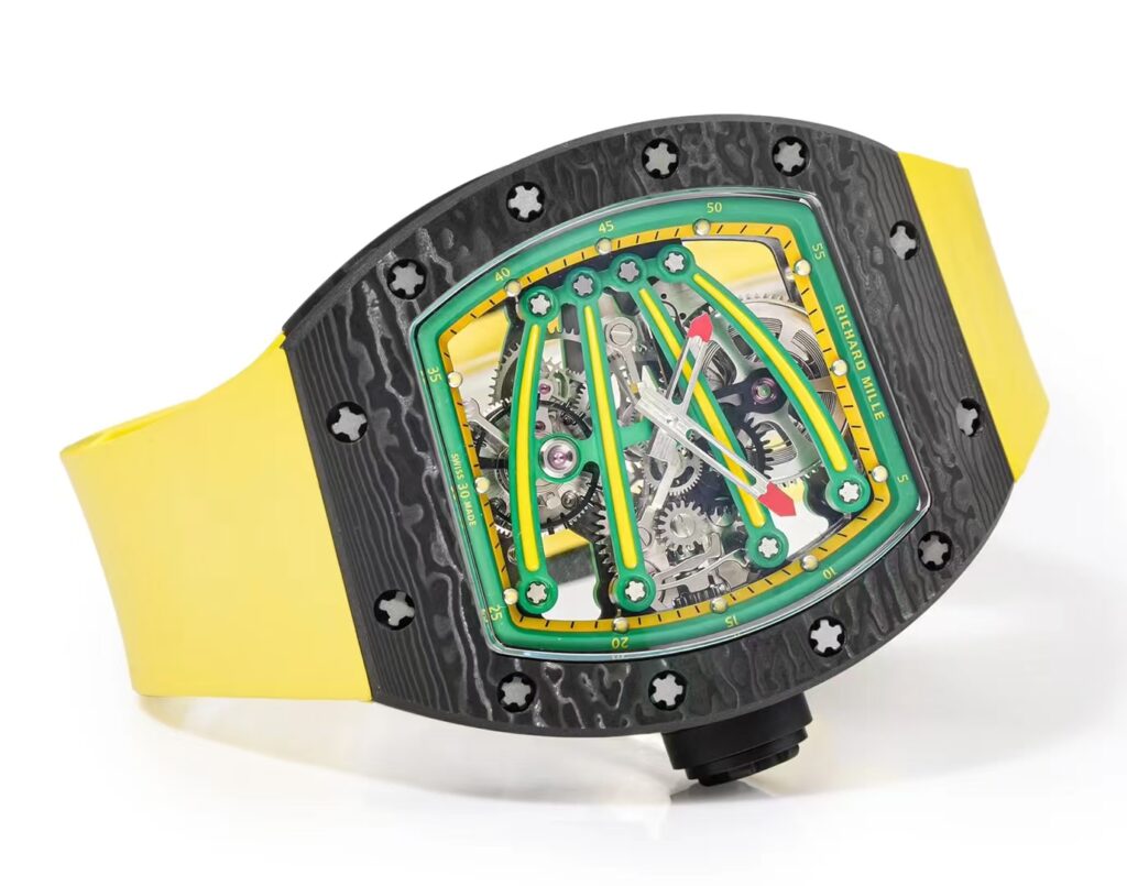 DONG HO RICHARD MILLE RM59 01 REPLICA VO CARBON DEN MAT XANH LA DAY CAO SU VANG TOURBILLON 43x50xMM 5