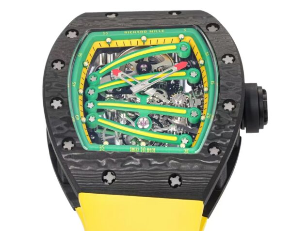 DONG HO RICHARD MILLE RM59 01 REPLICA VO CARBON DEN MAT XANH LA DAY CAO SU VANG TOURBILLON 43x50xMM 6