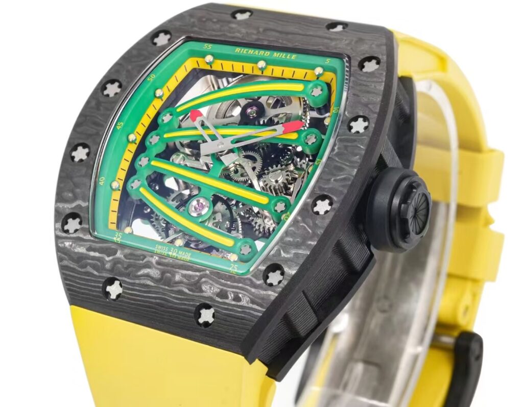 DONG HO RICHARD MILLE RM59 01 REPLICA VO CARBON DEN MAT XANH LA DAY CAO SU VANG TOURBILLON 43x50xMM 7